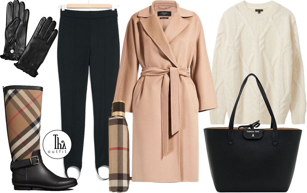 Thy Outfit #11 – Rainy day: Pullover Massimo Dutti, leggins neri “a staffa” & Other Stories. stivali alti da pioggia in gomma Burberry, cappotto in misto lana color cammello di MaxMara, guanti in pelle con polsino arricciato e bottone Guess, borsa shopping nera e clear beige Patrizia Pepe, ombrello con classico motivo check di Burberry.