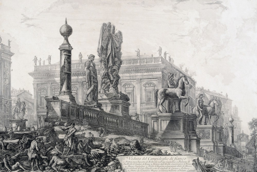 G. B. Piranesi, Veduta del Campidoglio, 1761-1778, Museo di Roma, inv. MR 2633. Ai Musei Capitolini di Roma la mostra "Il Tesoro di Antichità. Winckelmann e il Museo Capitolino nella Roma del Settecento"