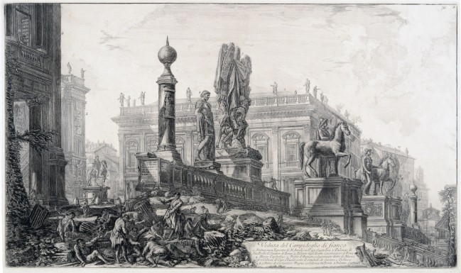 G. B. Piranesi, Veduta del Campidoglio, 1761-1778 G. B. Piranesi, Veduta del Campidoglio, 1761-1778, Museo di Roma, inv. MR 2633. Ai Musei Capitolini di Roma la mostra "Il Tesoro di Antichità. Winckelmann e il Museo Capitolino nella Roma del Settecento"
