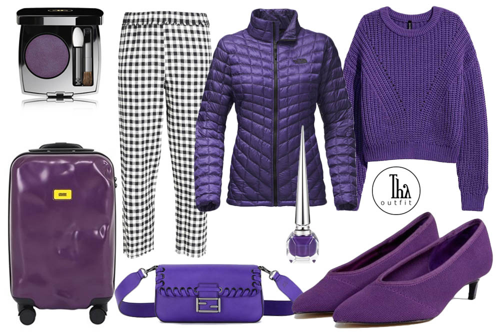 Outfit ispirato al colore dell'anno 2018, l'Ultra Violet PANTONE 18-3838. Pullover H&M, pantalone a quadri su Yoox, piumino viola termoisolante North Face, scarpe col tacchetto Stradivarius su ASOS, borsetta in pelle di vitello Fendi dal sito Nordstrom, ombretto vibrant violet Chanel, smalto ultra violet Louboutin, trolley dal sito dal sito Luisaviaroma