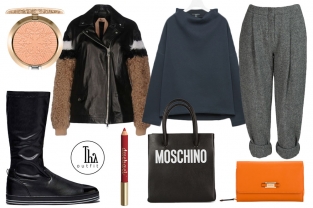 Thy Outfit #14 – Comfy Street: pantaloni in lana Acne Studios, stivali bassi Benetton, top Cos, giubbotto biker N°21, borsa Moschino, portafoglio Carpisa, lipliner Neve Cosmetics, cipria illuminante MAC Milano