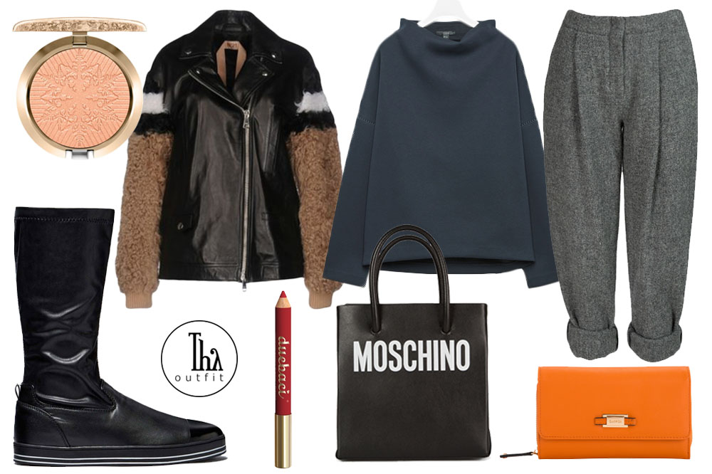 Thy Outfit #14 – Comfy Street: pantaloni in lana Acne Studios, stivali bassi Benetton, top Cos, giubbotto biker N°21, borsa Moschino, portafoglio Carpisa, lipliner Neve Cosmetics, cipria illuminante MAC Milano