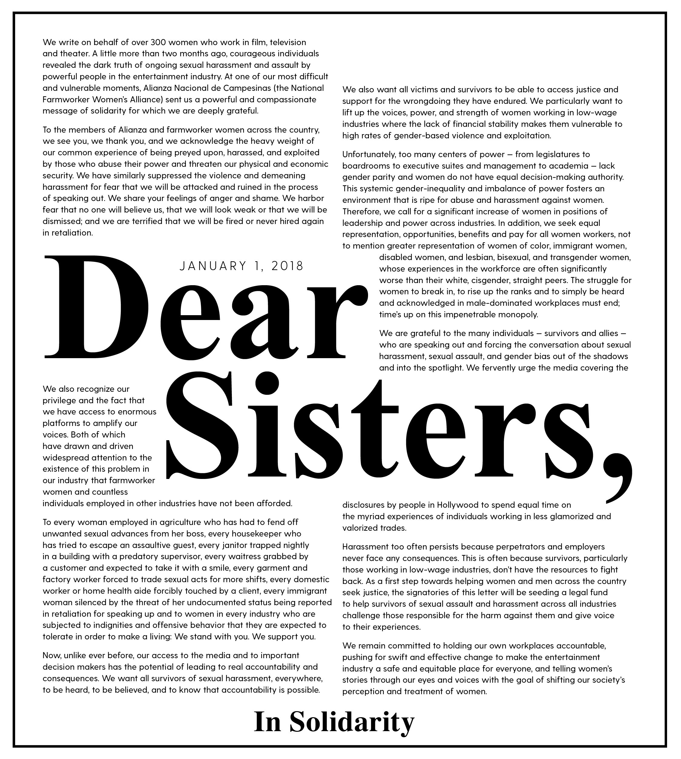 Time’s Up Time's Up movement. Dear Sisters, articolo sul New York Times l'1 gennaio 2018. Letter Of Solidarity