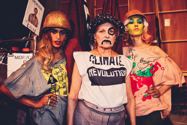 T-shirt "Climate Revolution" by Vivienne Westwood. Vivienne Westwood backstage protesting by Marta Lamovsek