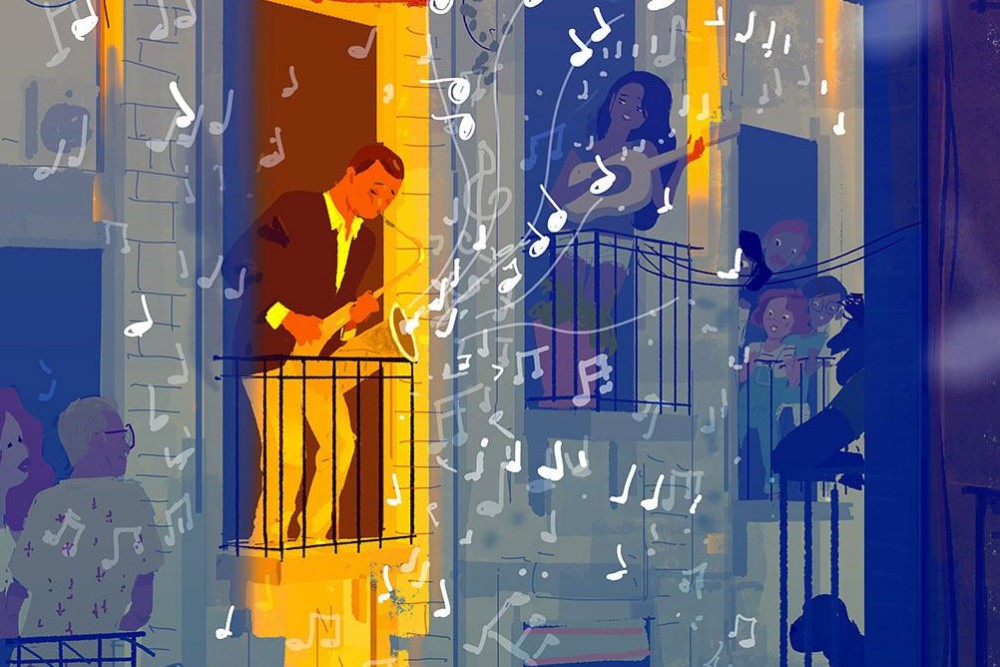 Illustrazione a tema Covid-19 di performances e canti corali dai balconi, immagini di comunità ritrovate, in un momento di grande incertezza