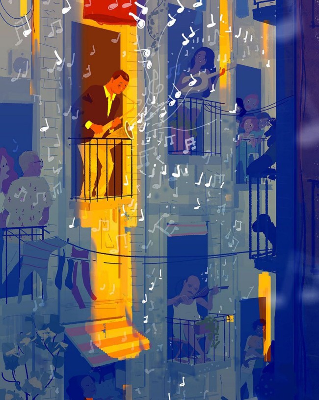 Illustrazione a tema Covid-19 di performances e canti corali dai balconi, immagini di comunità ritrovate, in un momento di grande incertezza