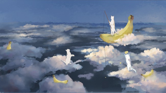 illustrazione con gatti tra le nuvole e frutto banana