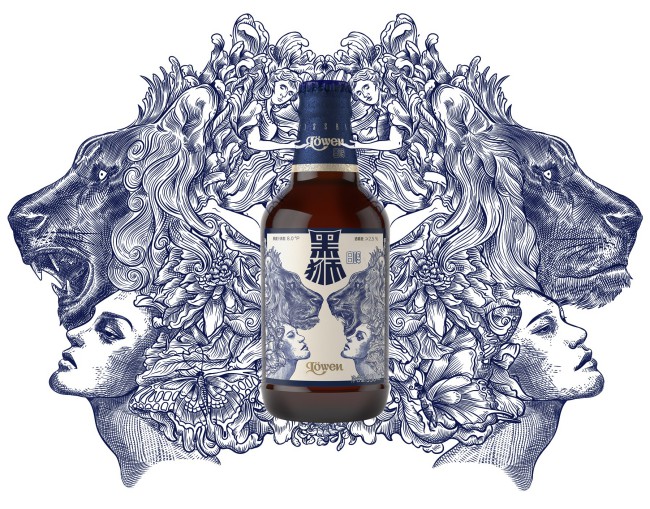 packaging bottiglia di birra con illustrazione di donna e tigre