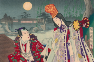 Chikanobu Youshu, Musashi la luna sopra Tatsumi Lady Osame, xilografia policroma su carta di gelso, 325 x 215 mm, 1884, collezione privata