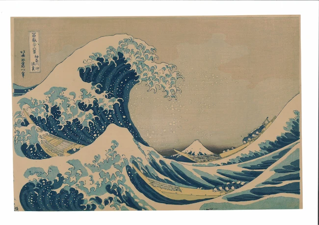 Hokusai Katsushika, La grande onda al largo di Kanagawa della serie Le 36 vedute del monte Fuji, xilografia policroma su carta di gelso, 257×379 mm, seconda metà XIX, collezione privata Hokusai Katsushika, La grande onda al largo di Kanagawa della serie Le 36 vedute del monte Fuji, xilografia policroma su carta di gelso, 257x379 mm, seconda metà XIX, collezione privata