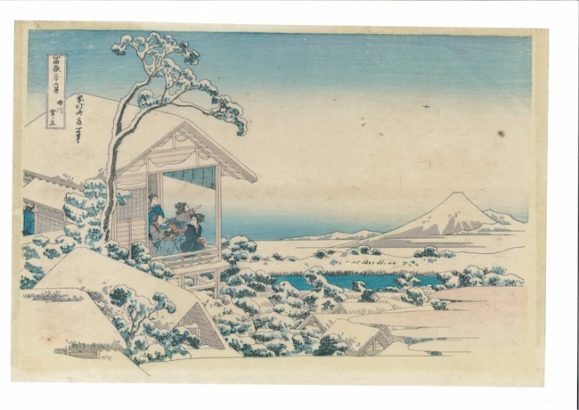 Hokusai Katsushika, Mattino nevoso al mattino casa da tè a Koishikawa della serie Le 36 vedute del monte Fuji, xilografia policroma su carta di gelso, 260x285 mm, 1830-1831, collezione privata